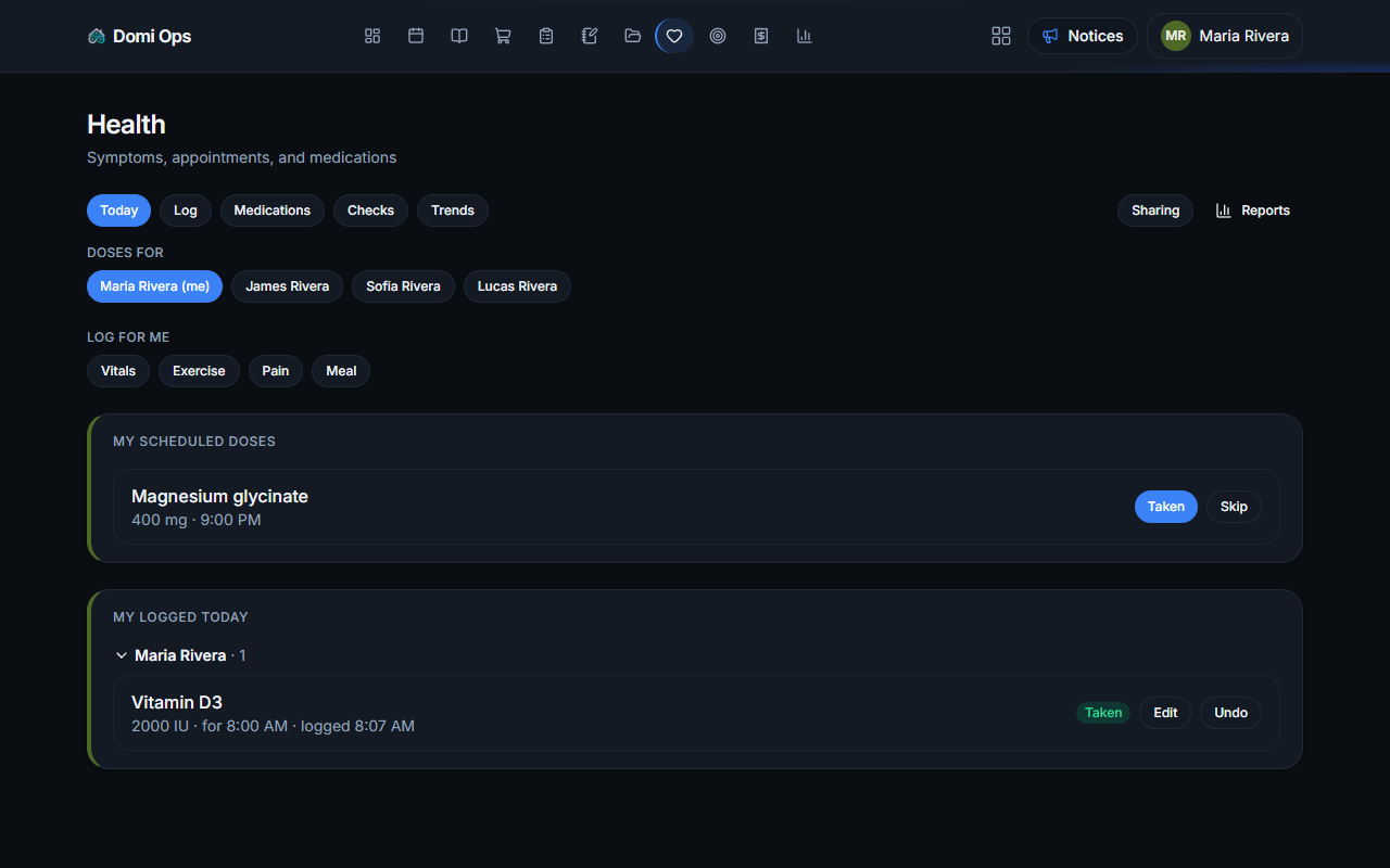 Domi Ops health module showing medications, events, and vitals