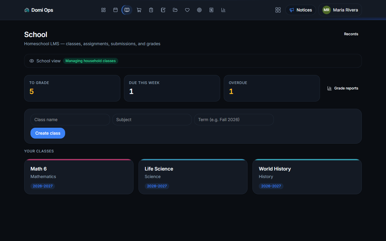 Domi Ops school module showing classes, assignments, and gradebook